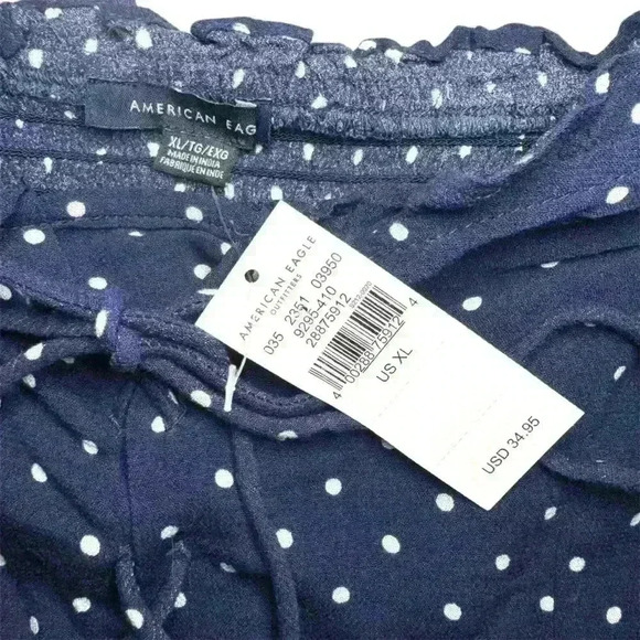 NWTAmerican Eagle navy polka dot lace up smocked back crop top XL - Picture 2 of 10